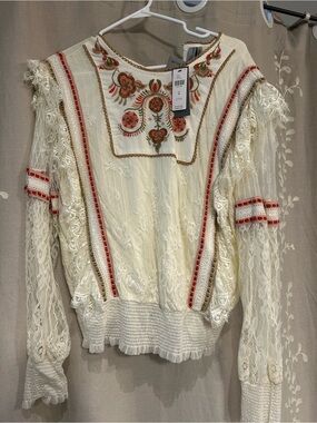 NEW Embroidered Lace Top - Cream with Red Accents